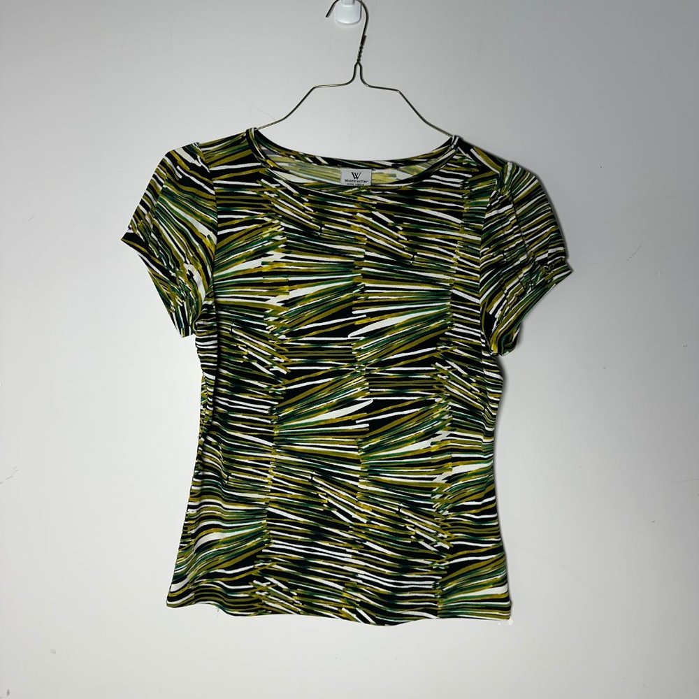 EUC Womens Worthington Petite Stretch Medium Yellow Green Black Shirt Blouse Top